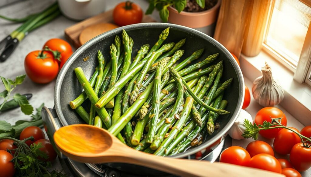 Grünen Spargel in Der Pfanne